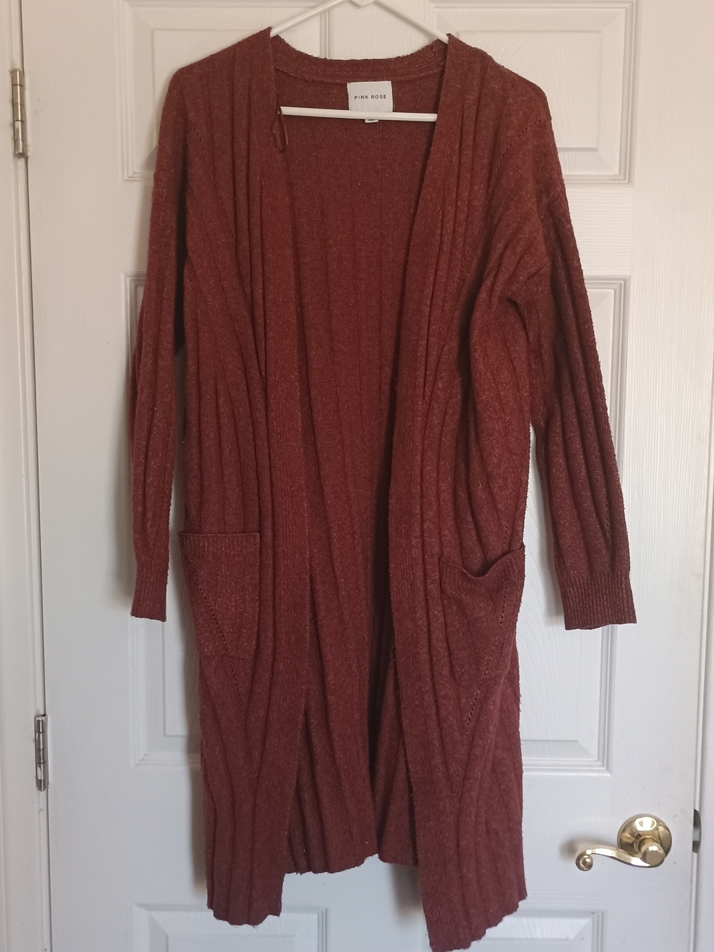 EUC Pink Rose Long Open-Front Ribbed Cardigan Sweater - Rust Size M